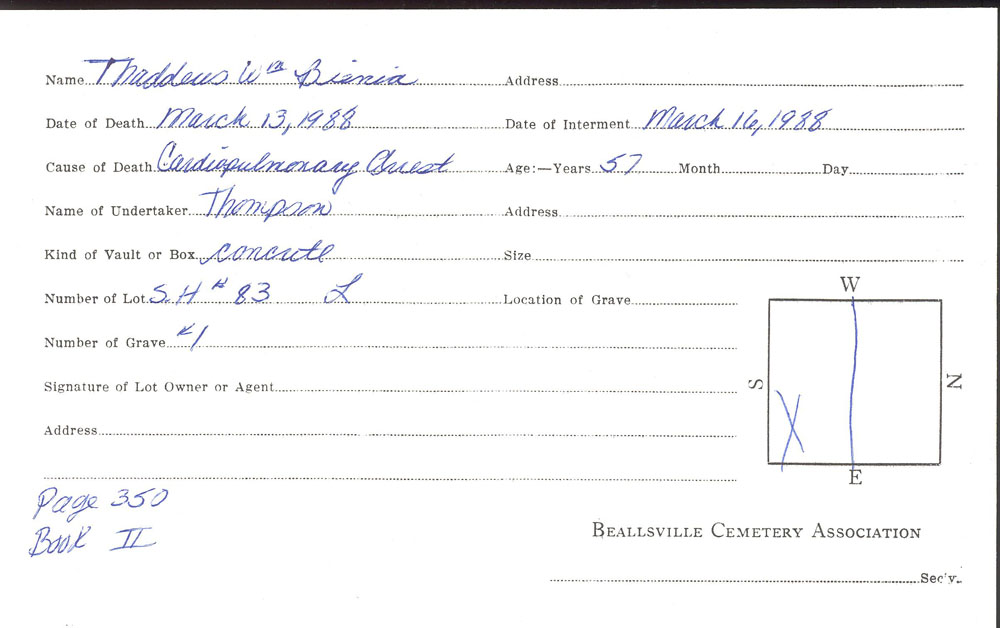 Thaddeus William Bienia burial card